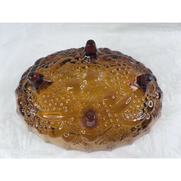 Indiana Glass Harvest Grape Carnival Fruit Bowl Oval Amber Footed MCM Vintage - Picture 8 of 10